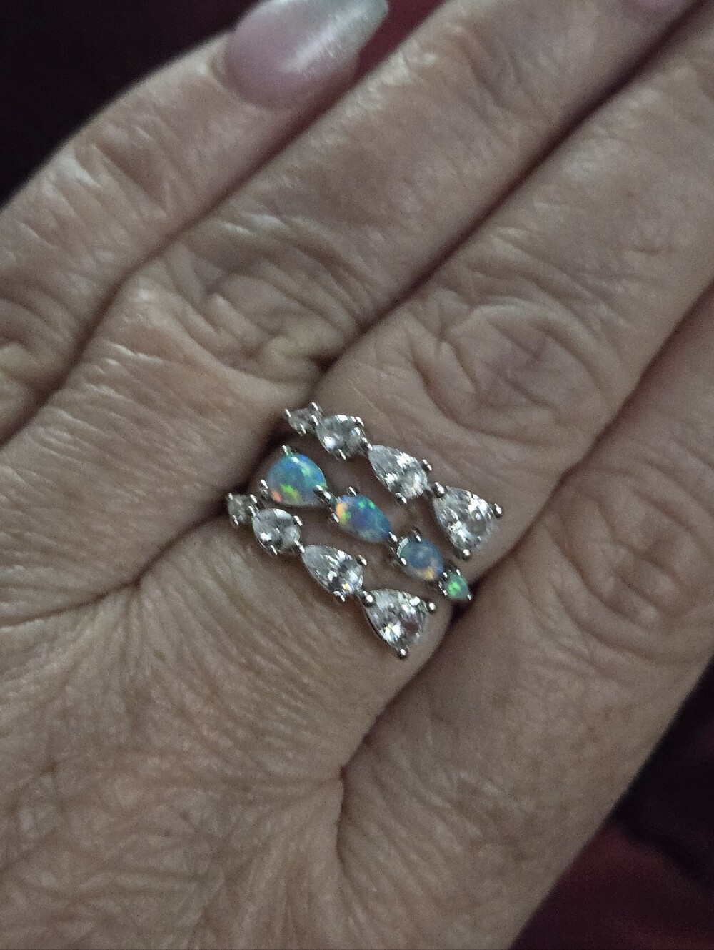 Sterling Silver Opal and Cubic Zirconia Triple Row Ring - Blue Fire Opal